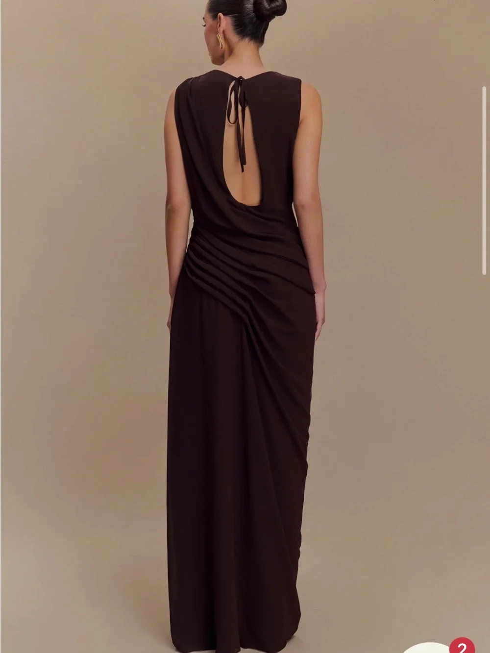 Meshki Oria Chiffon Maxi Dress (S) - Brown Draped Sleeveless Evening Gown - Picture 4 of 6